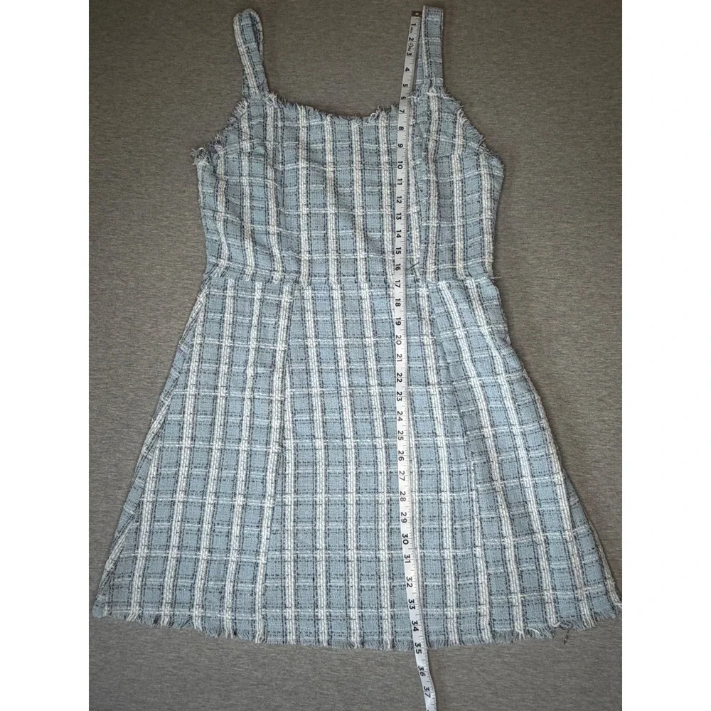 Umgee Blue Plaid Tweed Mini Dress Square Neck Frayed Raw Edge‎ Sleeveless Large